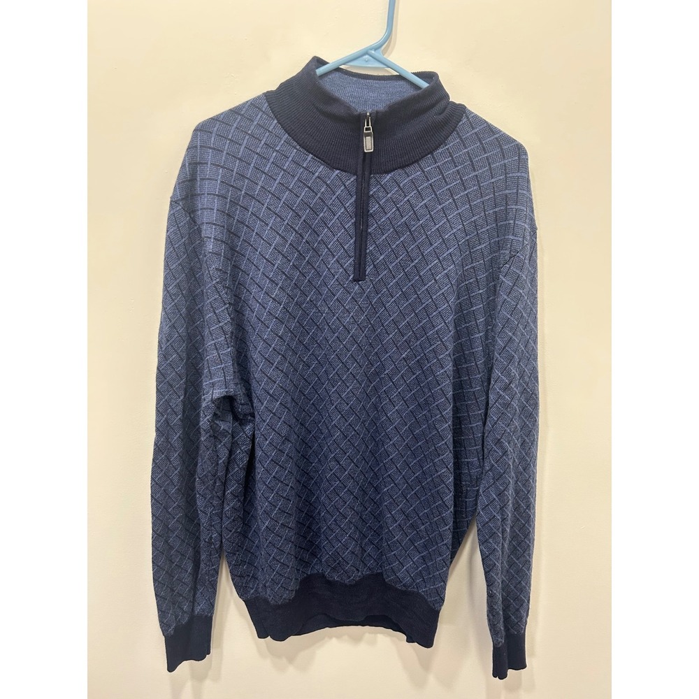 Jos. A. Bank Sweater Mens XL Blue 100% Merino Wool Quarter Zip Textured Knit